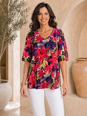 Antthony Originals Floral Top L Pink Purple Tropical Print Gold Buttons NWOT
